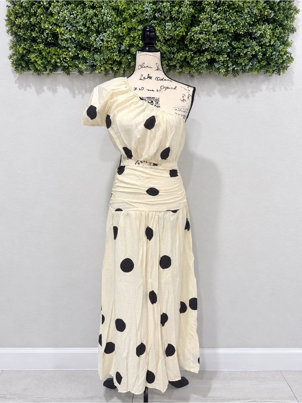 Future Collective Cream Black Polka Dot One Shoulder Maxi Dress Size 2